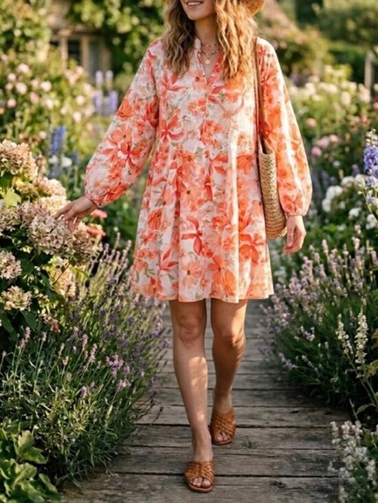 H&M Dresses & Skirts - H&M Coral Babydoll Flora Mini Dress Cotton Large Boho Flowy Cottagecore Coastal